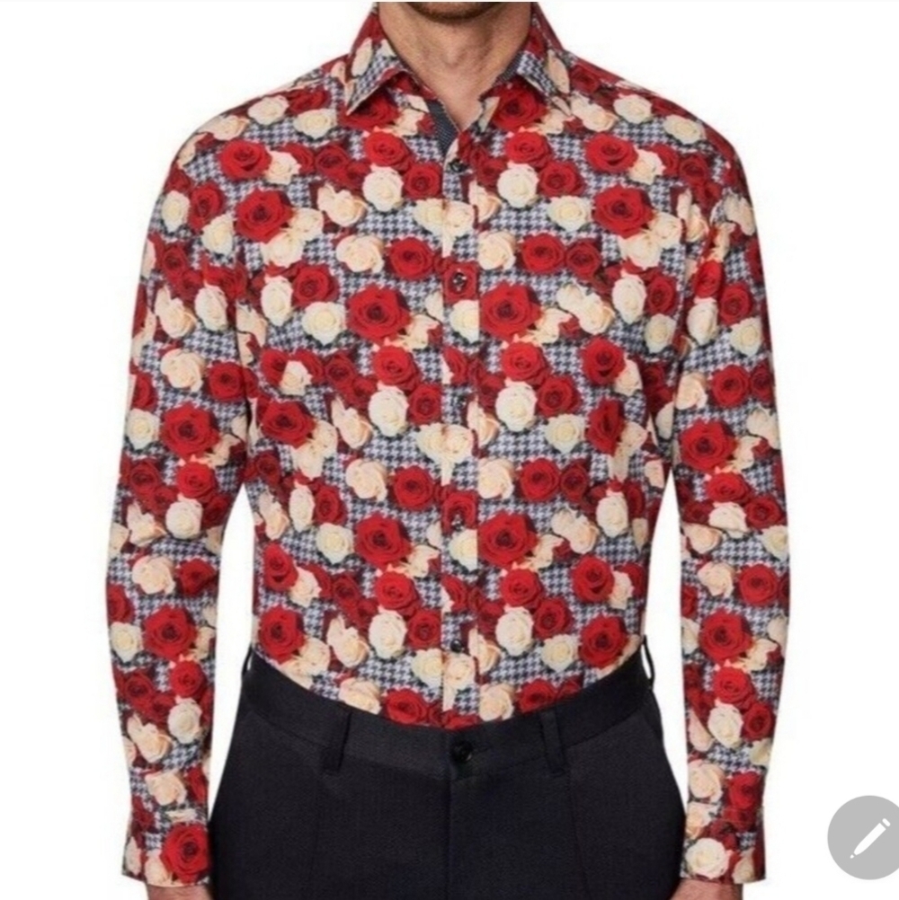 SOCIETY OF THREADS xxl button down shirt nwt red cream roses houndstooth b & w
